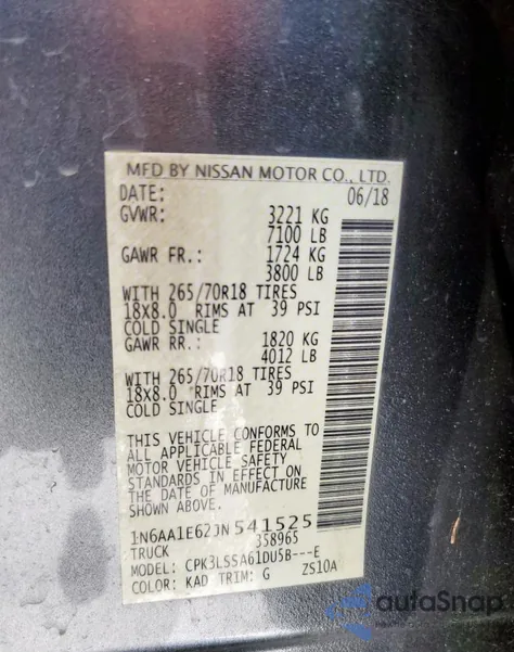 2018 Nissan Titan Sv из США, поврежденный, VIN 1N6AA1E62JN541525